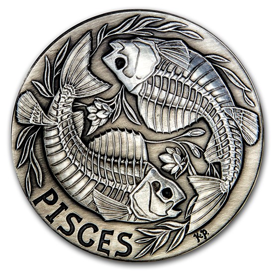 1 oz Silver Antique Round - Zodiac Skull Series (Pisces) 1 oz Silver Antique Round - Zodiac Skull Series (Pisces)
